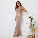 Elegant Long Gold Sequin Dress V Neck Party Maxi Dress Women Prom Evening Dress
