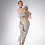 Long Silver Celebrity Women Slash Neck Party Maxi Dress Sexy Sequin Evening Dress