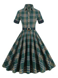Green Plaid Vintage Autumn Winter Midi Dresses for Women Turn-Down Collar Button Up Rockabilly 50s Swing Dress