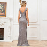 V Neck Gray Sequins Evening Dress Elegant Party Maxi Long Prom Dress