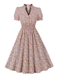 Multicolor Floral Casual Holiday Dresses for Women Summer V-Neck Buttons Elastic Waist Vintage Flare Dress
