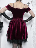 Autumn Velvet Party Vintage Women's Dress Hot Girl Dark Red Retro Costume Cosplay Sundress Sexy Y2k Mini Ruffle Dress