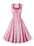 Buttons Front High Waist Pink Plaid Dress Christmas Evening Party Wear Women Sleeveless Rockabilly Vintage Dress