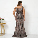 Plus Size Women Elegant Strap Party Maxi Dress Black Gold Sequin Evening Dress Long Prom Dress