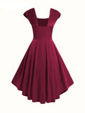 Square Neck Buttons Front High Low Hem Burgundy Dress Elegant Evening Party Women Vintage Style Dresses