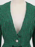 V-Neck Office Lady Outfits Single Button Houndstooth Blazers Vintage Green Coat Women Spring Cropped Blazer Jacket