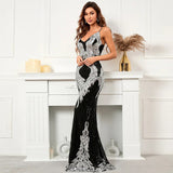 Women Sexy Strap Silver Sequin Dress Party Maxi Dress V Neck Evening Dress Long Prom Dress