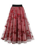 Butterfly Decoration Embroidered Mesh Pleated Long Skirt Elastic Waist Women Casual A-Line Midi Skirts