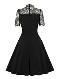 Stand Collar Hollow Out Front Lace Sleeve Elegant Night Party Dresses for Women Vintage Style Pockets Black Dress