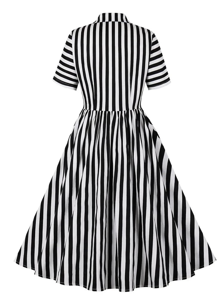 Striped Print Vintage Shirt Party Short Turn Down Collar Office Work To Wear Retro Tunic Midi Runway Birthday Dresses