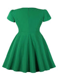 Bow Neck Keyhole Petal Sleeve Green Solid Swing Dresses Elegant Women XL to 4XL Clothing Plain Vintage Dress