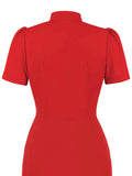 Knot Tie Neck Button Up Purple Vintage 50s Wiggle Dress Women Elegant Short Sleeve Bodycon Solid Summer Dresses
