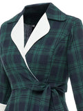 Notched Collar Green Plaid Vintage High Waist Dress Autumn Winter Women 3/4 Length Sleeve 1950S Rockabilly Midi Dresses