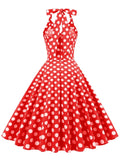 Green Halter Neck Button 50s Vintage Rockabilly Swing Dress with Pockets Backless Party Sexy Women Polka Dot Dresses