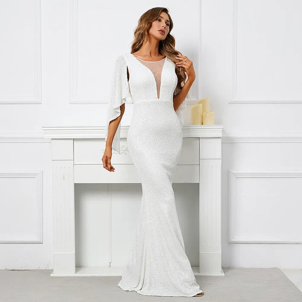 Women White Sequin Long Prom Dress V Neck Evening Dress Elegant Party Maxi Dress