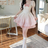 Japanese Harajuku Short Sleeves Doll Teen Party Fairy Vestidos Lolita Women Flouncing Lace Trim Evening Dress