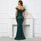 Women Feather Long Prom Dress Off Shoulder Green Sequin Evening Dress Sexy Party Maxi Dress