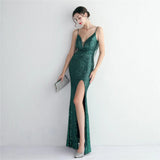 Women Backless Green Sequin Strap Beading Party Maxi Dress Sexy Slit Evening Dress Long Prom Dress