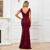 Candy Color Women Beading Party Maxi Dress Burgundy Soft Satin Sexy V Neck Evening Dress Long Bridesmaid Dress