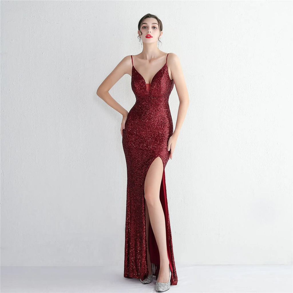 Women Backless Burgundy Sequin Strap Beading Party Maxi Dress Sexy Slit Evening Dress Long Prom Dress