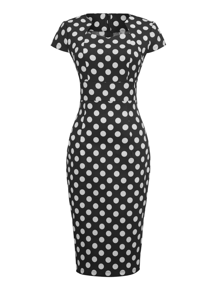 Polka Dot High Waist Elegant Bodycon Pencil Dresses for Women Cap Slee jetechband Polka Dot High Waist Elegant Bodycon Pencil Dresses for Women Cap Slee jetechband
