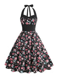 Vintage Style Floral Print Dress Summer Halter Neck Backless Party Wear Button Front High Waist Women Retro Dresses