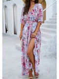 2024 Spring Summer Elegant Floral Print Long Party Dress High Split A Line Bohemian Evening Holiday Vintage Dresses for Women