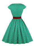 Green Retro Polka Dot 1950s Rockabilly Pleated Belted Dress Cap Sleeve Summer Women High Waist Vintage Dresses