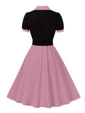 Two Tone Patchwork Polka Dot Women Formal and Elegant Dress Vintage Style Buttons Belted Pleated Rockabilly Dresses