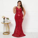 Plus Size Sexy V Neck Stretch Burgundy Sequin Evening Dress Elegant Sleeveless Party Maxi Dress Long Prom Dress