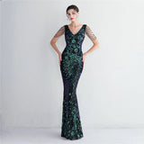 Women Beading Long Prom Dress V Neck Green Sequin Evening Dress Sexy Party Maxi Dress