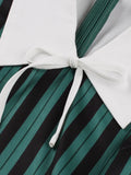 Contrast Collar Bow Front High Waist 40s 50s Vintage Dress Women Green and Black Striped Formal Pleated Dresses