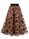 Elegant Flocked Floral Mesh Long Skirts for Women Vintage Summer Streetwear High Waist A Line Casual Skirt