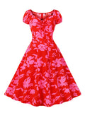 Floral Vintage Red Evening Party Vacation Outfits for Women Drawstring Sweetheart Neck Summer Pinup Dresses