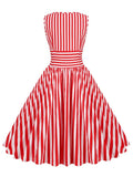 Red and White Striped High Waist Rockabilly Vintage Cotton Dresses Women O-Neck Sleeveless Pinup 50s Pleated Dress