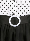 White and Black Vintage Robe Button Front Short Sleeve Polka Dot Dress Prom Women Elegant Belted Pleated Midi Dresses