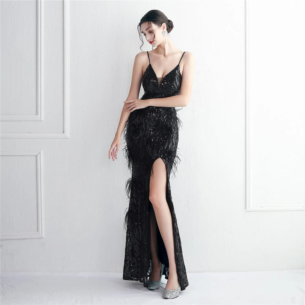 Women Sexy Slit Party Maxi Dress Strap V Neck Feather Evening Dress Green Sequin Long Prom Dress