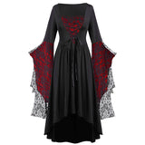 Gothic Halloween Women Vintage Witch Vampire Up Carnival Party Trumpet Sleeve Long Dress