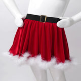 Kids Girls Christmas Santa Costume Mrs Claus Ruffled Mini Skirt High-Waist Belted Fur Trim Velvet Dance Party Mini Rulffe Dress