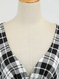 Red Plaid High Waist Tartan Vintage Half Sleeve Spring Dress Women V-Neck Elegant Party Rockabilly Cotton Midi Dresses