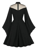 Stand Collar Mesh Elegant Halloween Costumes for Women Vintage Long Sleeve Autumn Black Swing Dresses Party