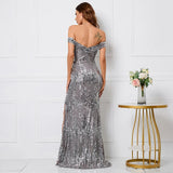 Women Sexy Slit Party Maxi Dress Off Shoulder Gray Sequin Evening Dress Long Prom Dress