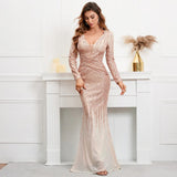 Stretch Gold Sequined Maxi Dress Full Sleeve V Neck Mermaid Evening Night Long Party Prom Dress