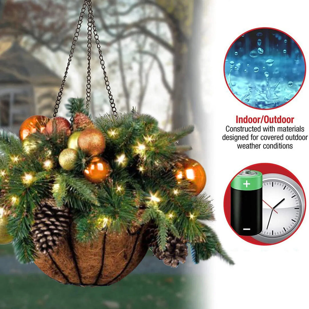 Pre-lit Artificial Christmas Hanging Basket-mixed Decorations And White LED Lights-frosted Berries Ornaments Hanging Decoration