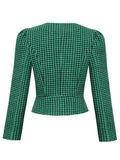 V-Neck Office Lady Outfits Single Button Houndstooth Blazers Vintage Green Coat Women Spring Cropped Blazer Jacket