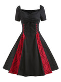 Sweetheart Neck Lace-Up High Waist Vintage Rockabilly Black Dresses Women Contrast Lace A Line Cotton Gothic Corset Dress