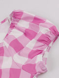 Drawstring Sweetheart Neck Pink Plaid Print Vintage Dresses Women 2024 Summer Vacation Prom Birthday Party A-Line Dress