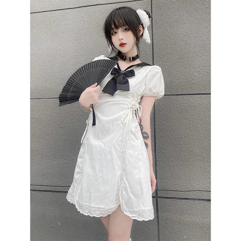 Japanese Kawaii White Fairy Girlish Summer French Puff Sleeves Bow Tie Waist Lace Slit Club Dress