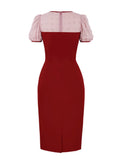 Swiss Dot Mesh Puff Sleeve Women Office Bodycon Pencil Dress Summer Elegant Knee-Length Ladies Vintage Red Dresses