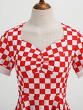 Red and White Plaid Rockabilly 50s Retro Dress Sweetheart Neck Women Summer Ruched Front Vintage Cotton Long Dresses